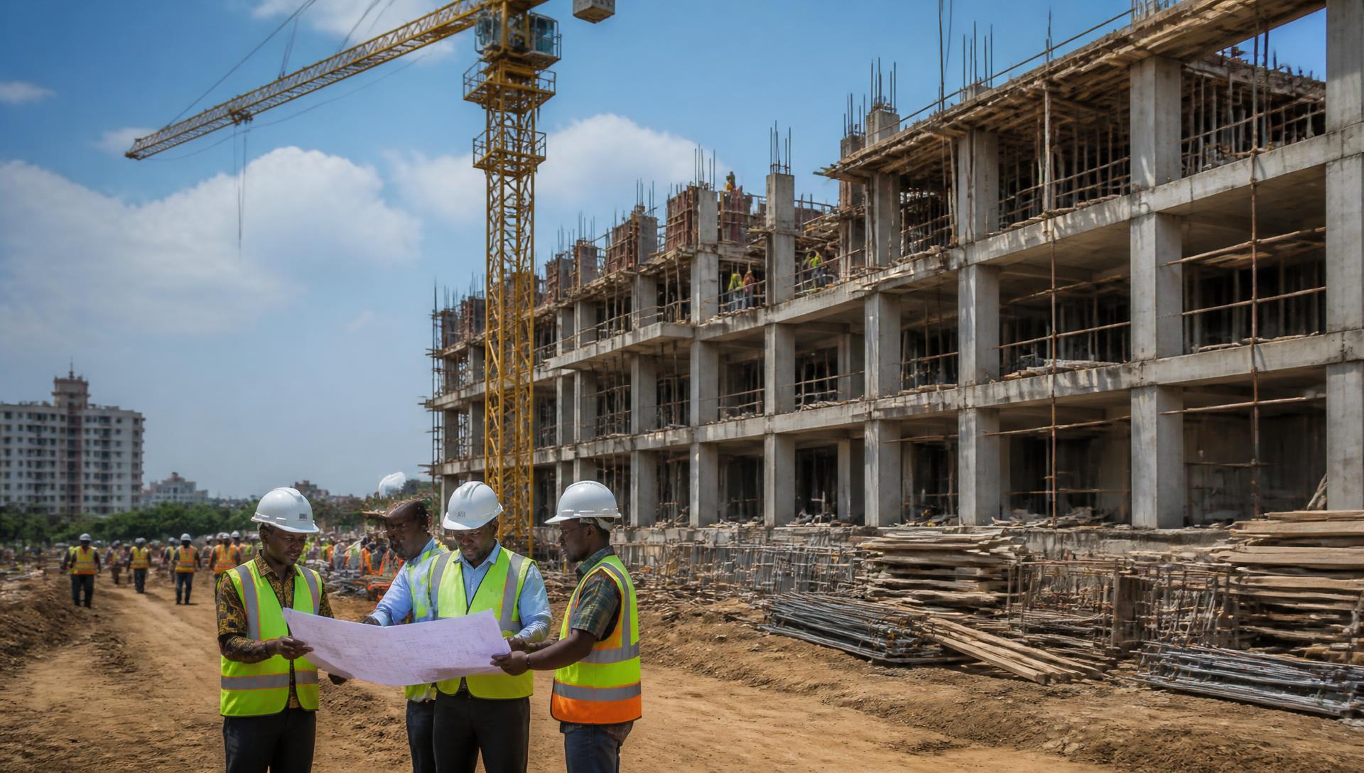 Building construction site in Kenya with reinforced concrete frame, tower crane and site engineers