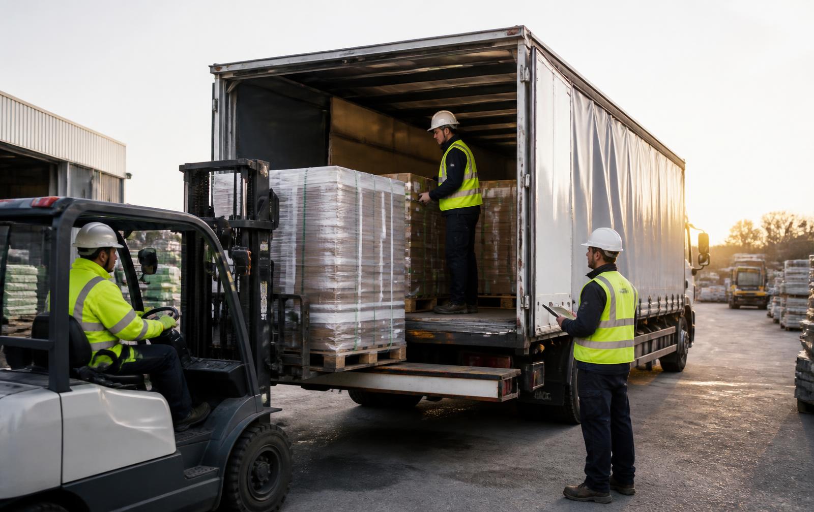 Construction materials and supplies being loaded for delivery at a depot