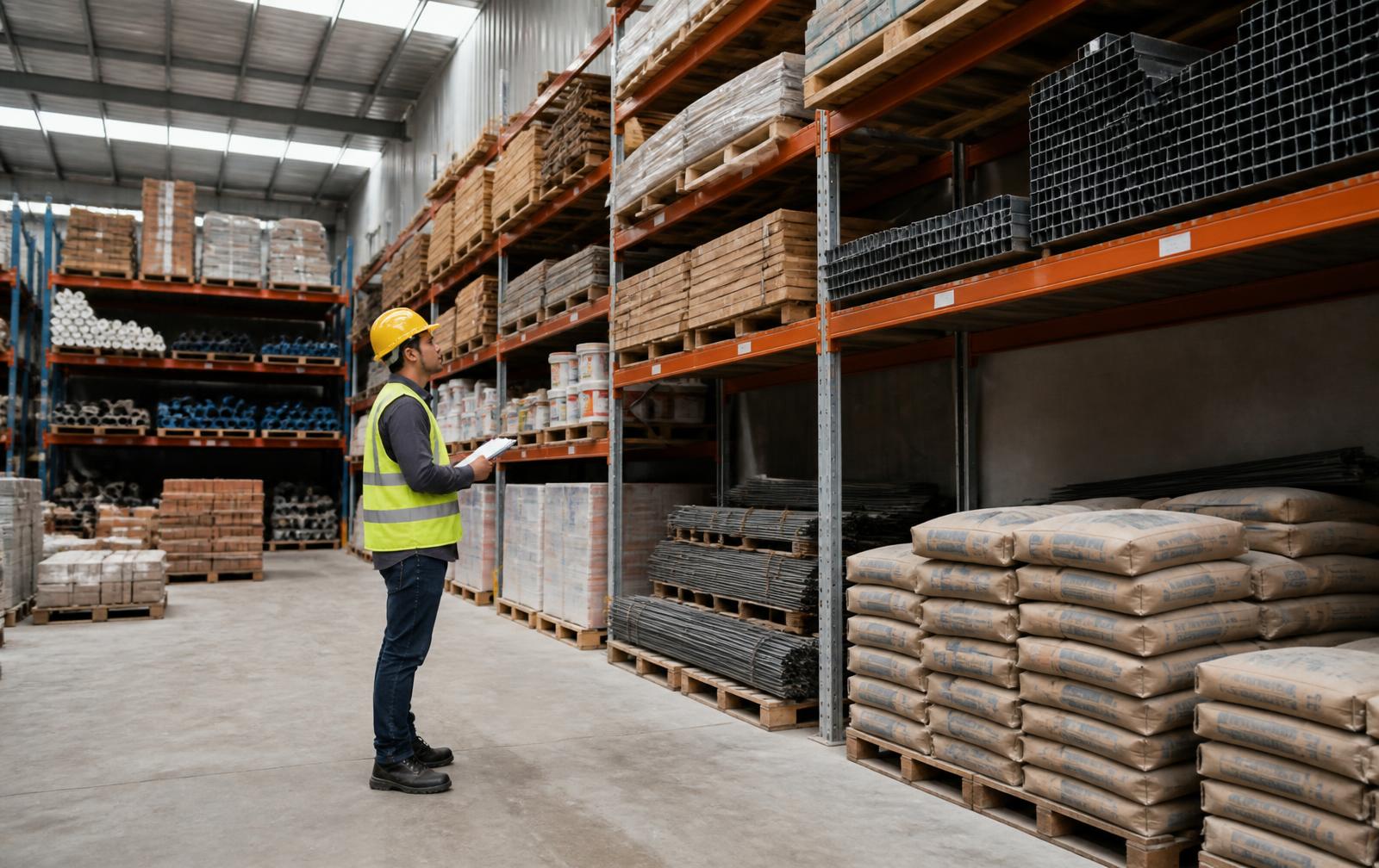 Construction materials organised on warehouse racking